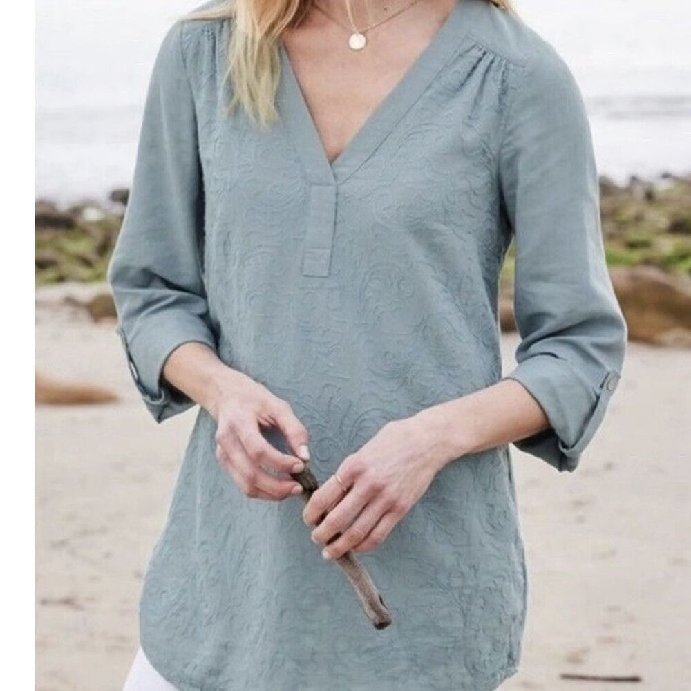 NWT Soft Surroundings LP Womens Blue Linen Blend  Tunic Embroidered 3/4 Sleeves